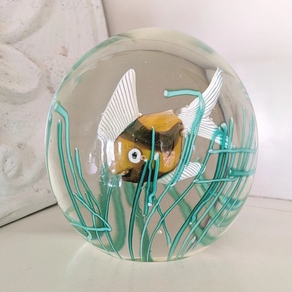 Vtg Fratelli Toso Murano Purple/Yellow Fish Seaweed Paperweight Glass Aquarium - Picture 2 of 9